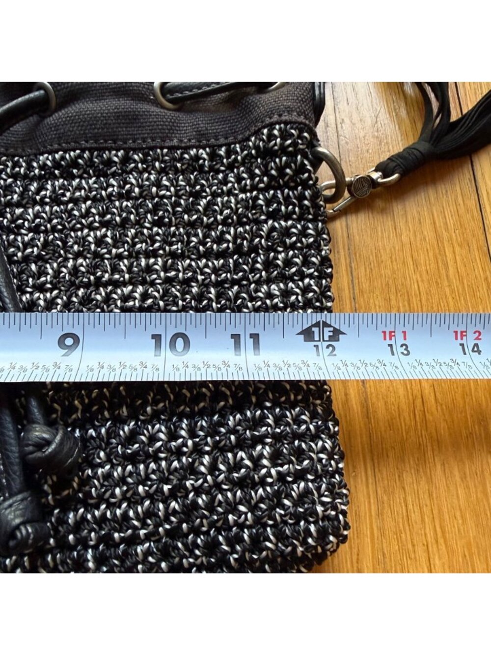 Crochet Boho The Sak 12"x10" Black & White Ukiah Crochet Drawstring Bucket Bag - Picture 6 of 15